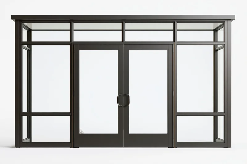 Dark charcoal steel-framed commercial glass double door system with transom windows and side lites, isolated on white background
