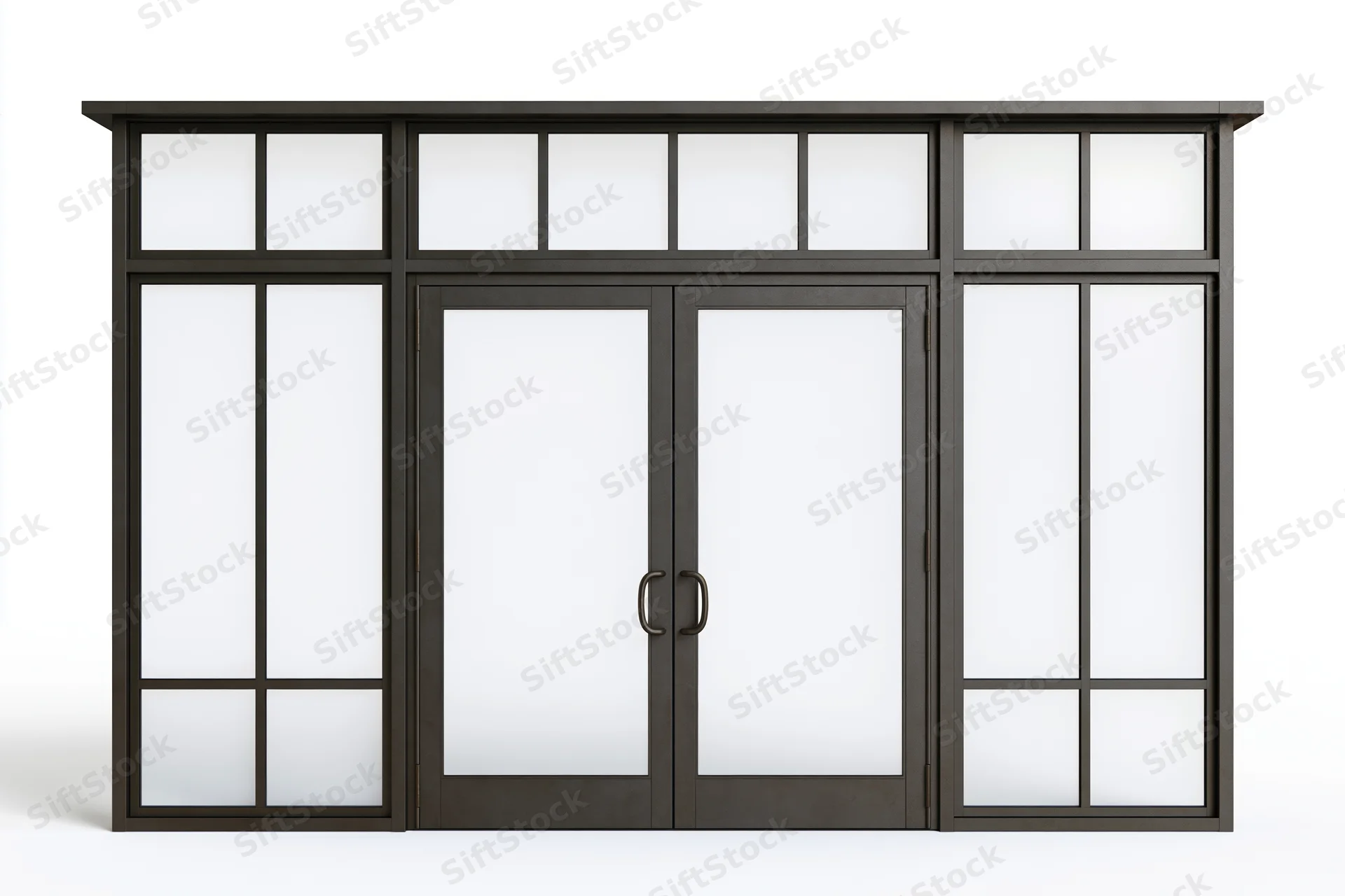 Dark charcoal steel-framed commercial glass door system with frosted glass panels and transom windows, arranged symmetrically for building entrance