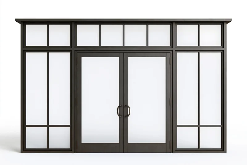 Dark charcoal steel-framed commercial glass door system with frosted glass panels and transom windows, arranged symmetrically for building entrance