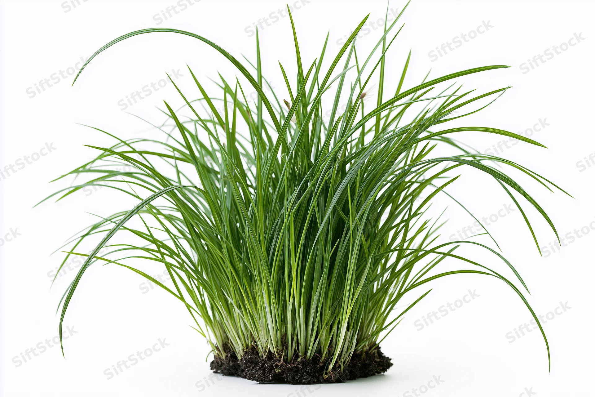 Dense clump of fresh green grass blades growing upward with soil base isolated on white background