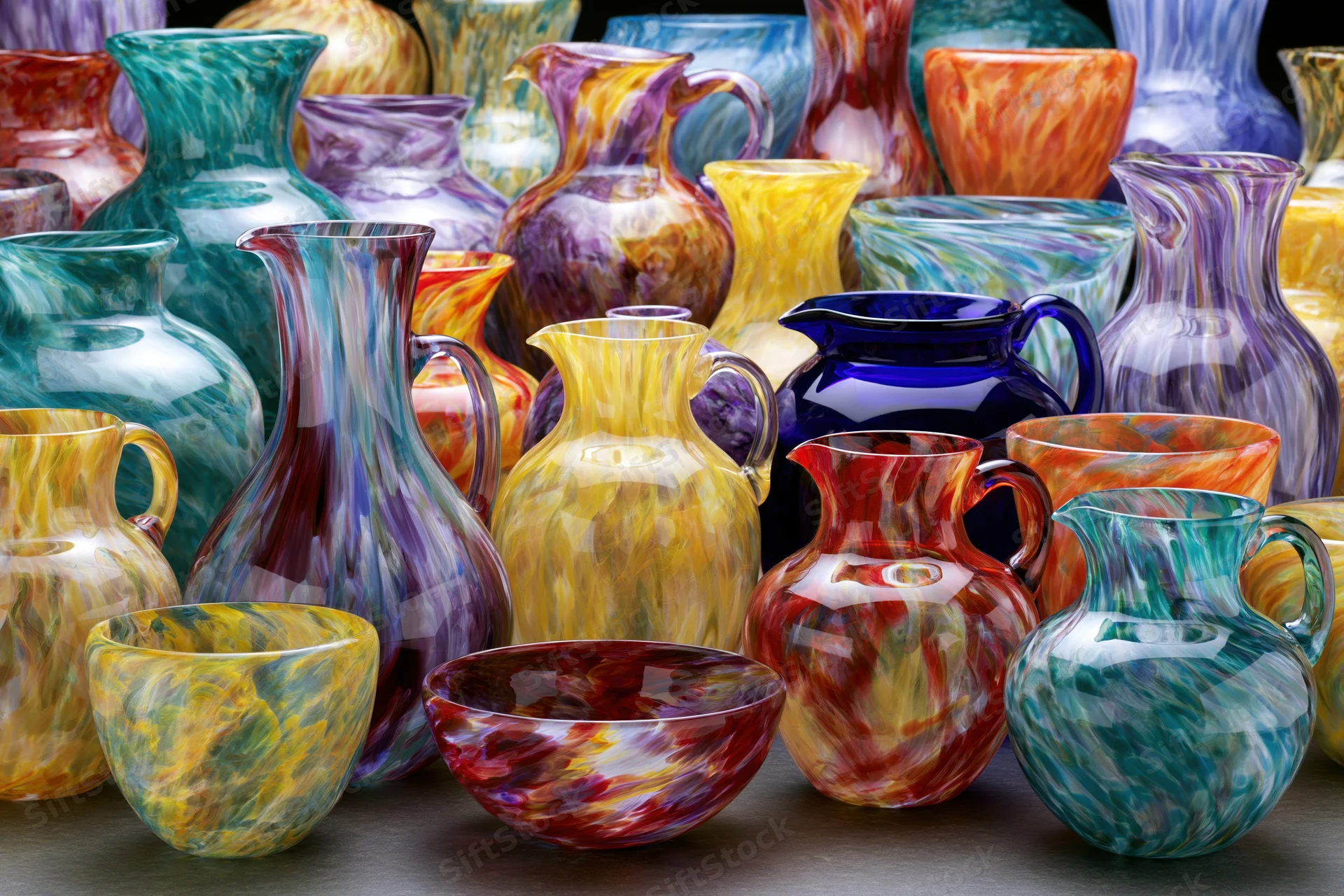 Hand-blown glass vases pitchers and bowls arranged in a dense display on a dark surface