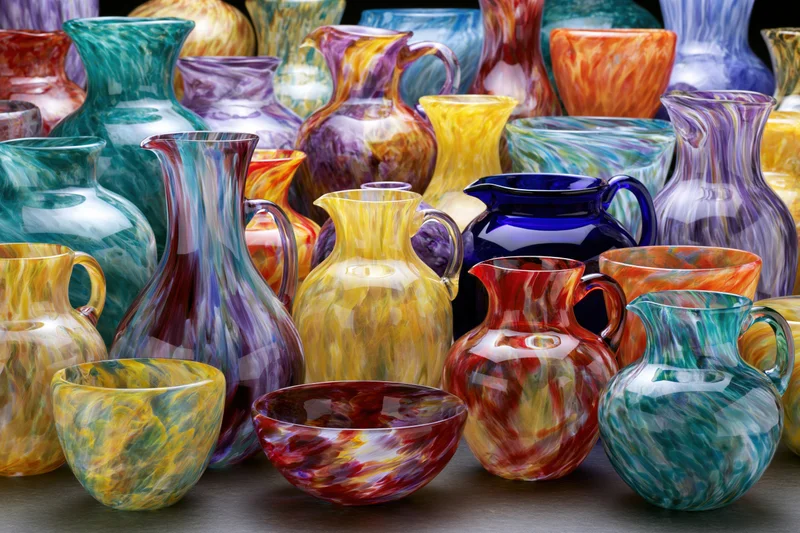 Hand-blown glass vases pitchers and bowls arranged in a dense display on a dark surface
