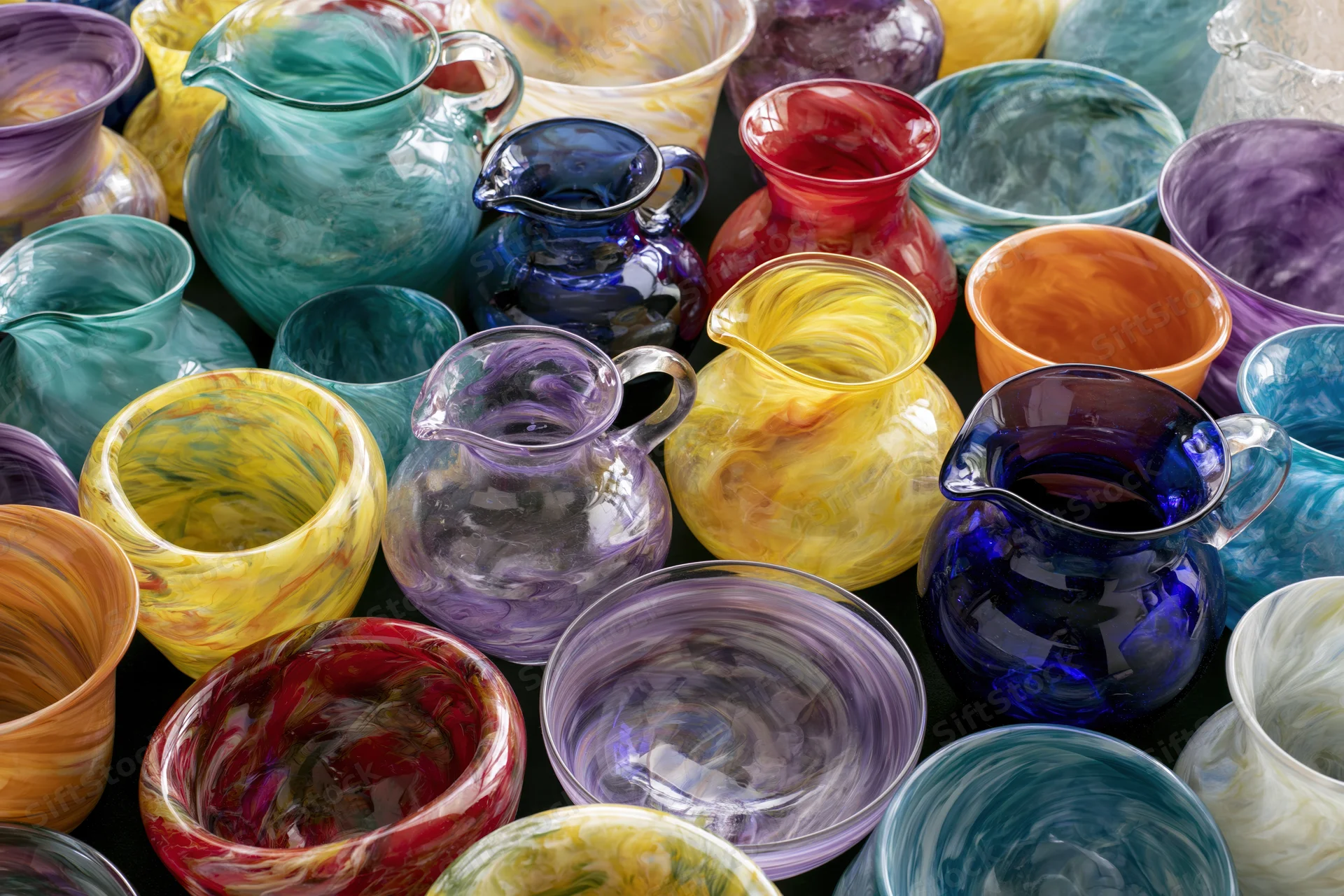 Dense arrangement of hand-blown glass vases pitchers and bowls in vibrant swirling colors displayed closely together