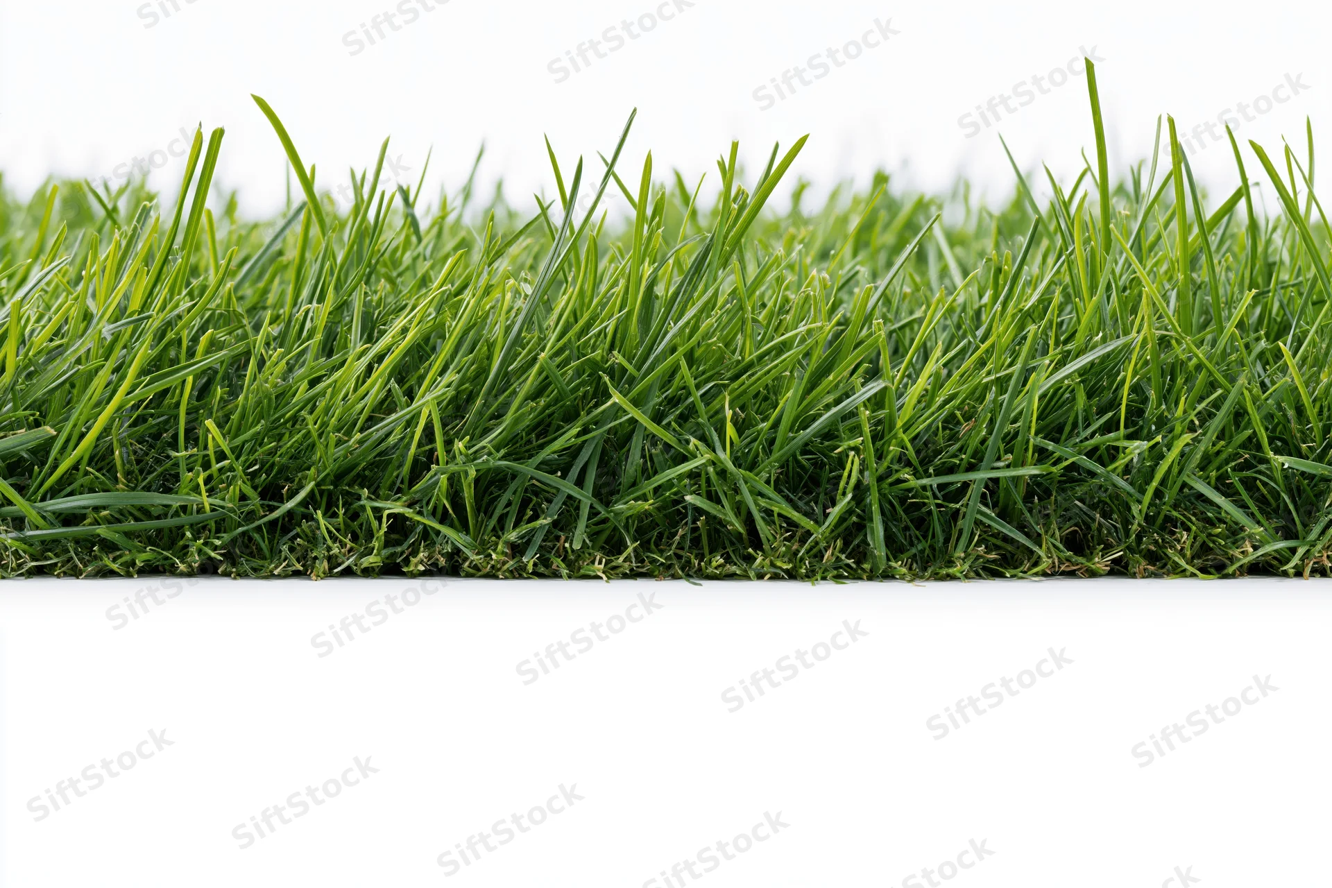 Dense patch of short-cut green grass filling the lower third of the frame against a white background