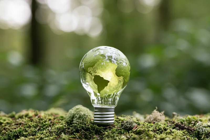 Glass lightbulb containing glowing green earth globe resting on mossy forest ground