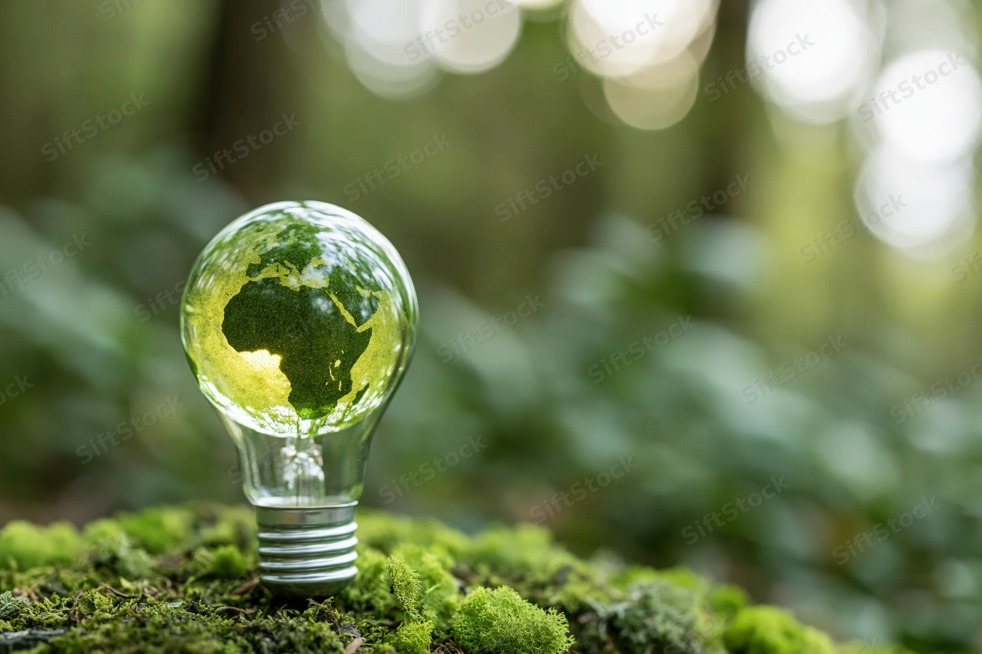 Glass lightbulb containing glowing green earth globe resting on mossy forest ground