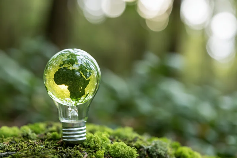 Glass lightbulb containing glowing green earth globe resting on mossy forest ground