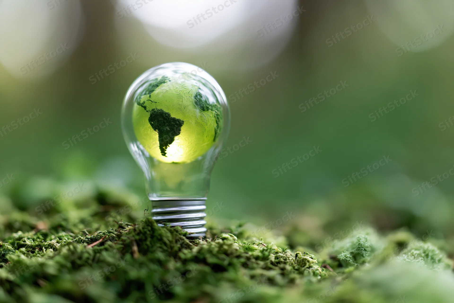 Glass lightbulb containing glowing green earth globe resting on mossy ground