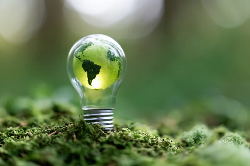 Glass lightbulb containing glowing green earth globe resting on mossy ground