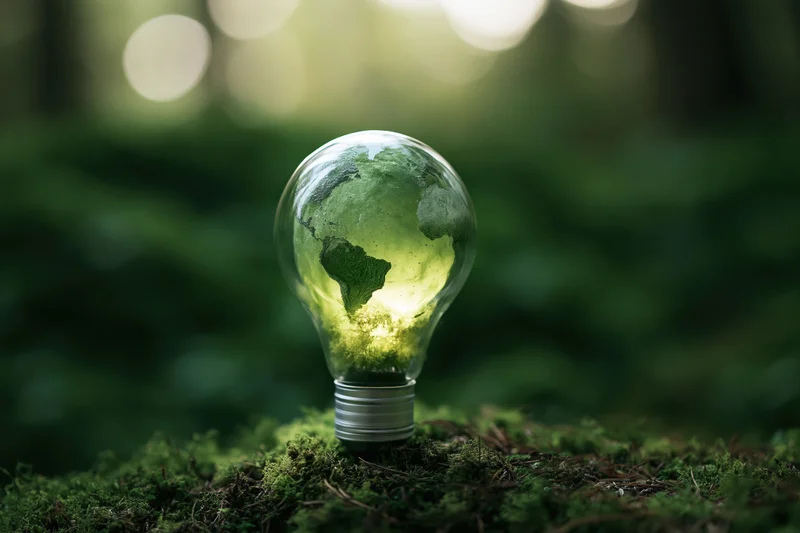Glass lightbulb containing glowing green earth globe resting on mossy forest ground