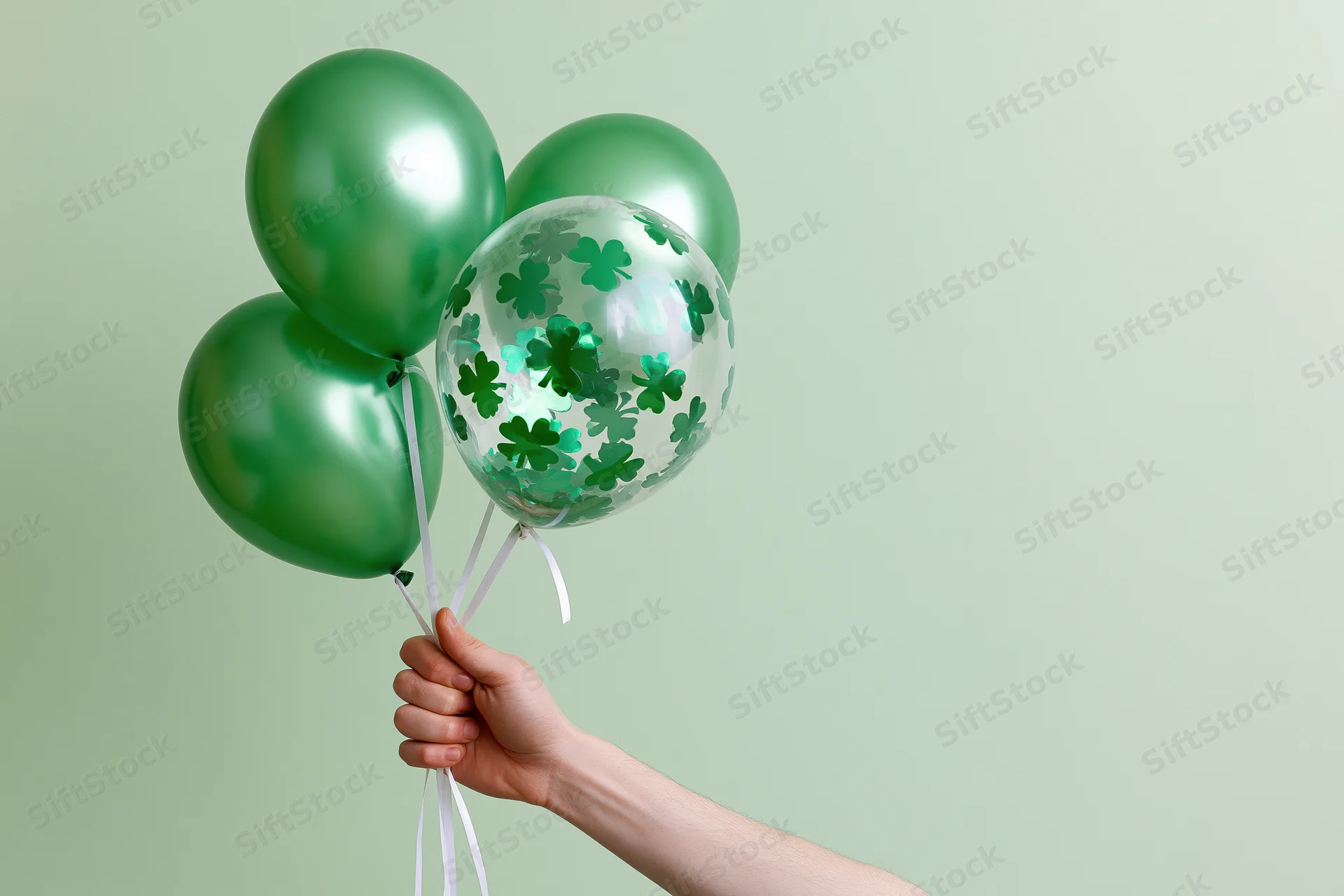 Hand holding green balloons with shamrock confetti against light green background