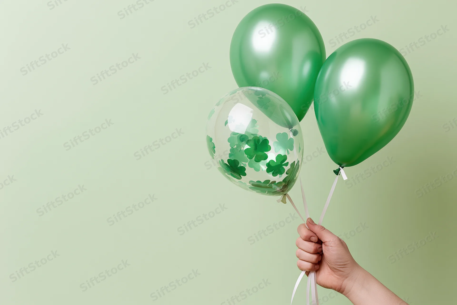 Hand holding three green balloons with shamrocks against a plain light green background