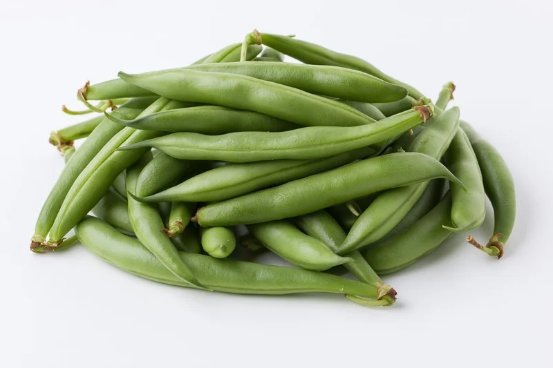 Loose pile of fresh green beans arranged in a casual heap on white background