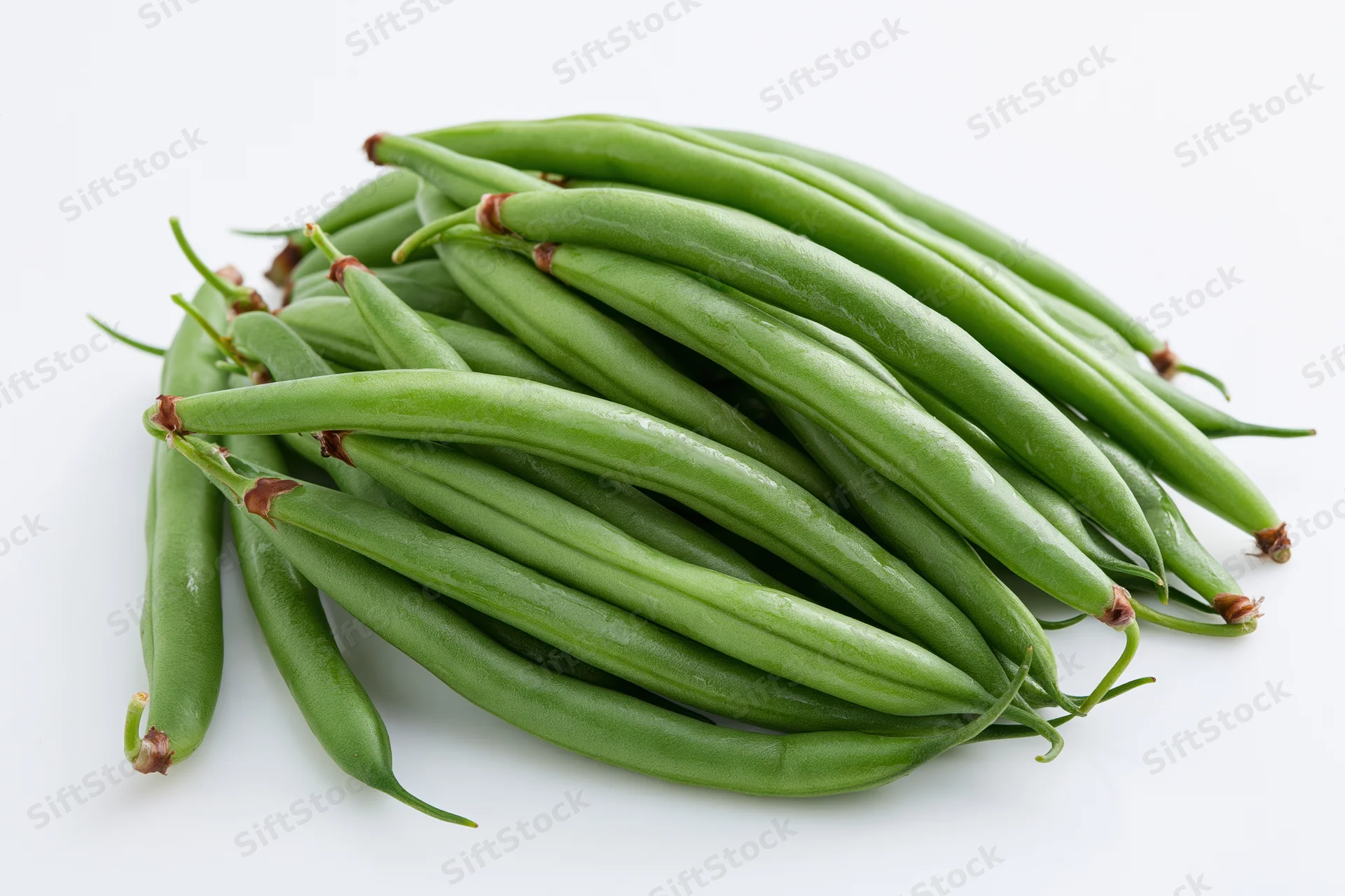 Fresh green beans arranged in a casual heap on white background
