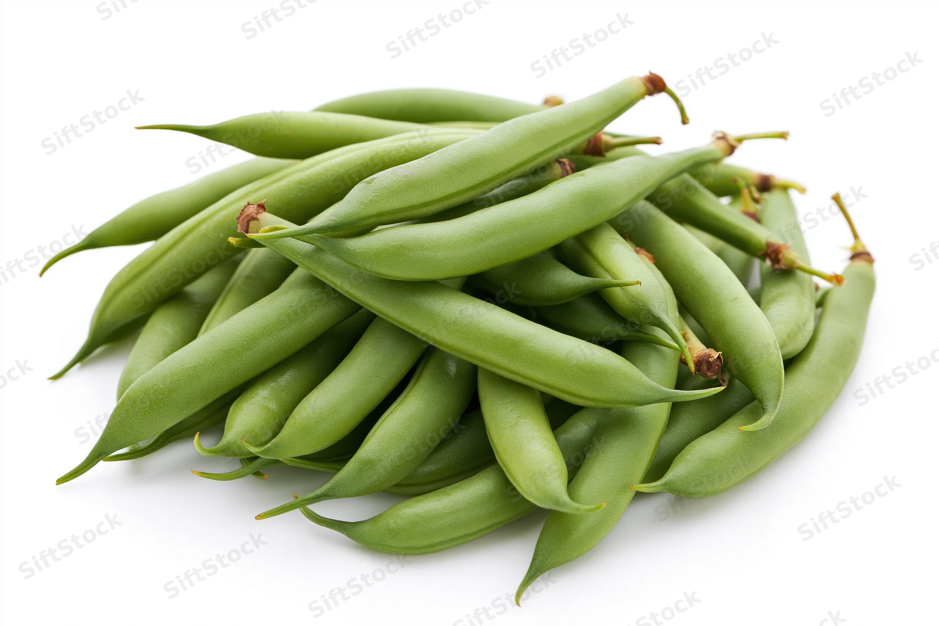 Loose pile of fresh green beans arranged in a casual heap on white background