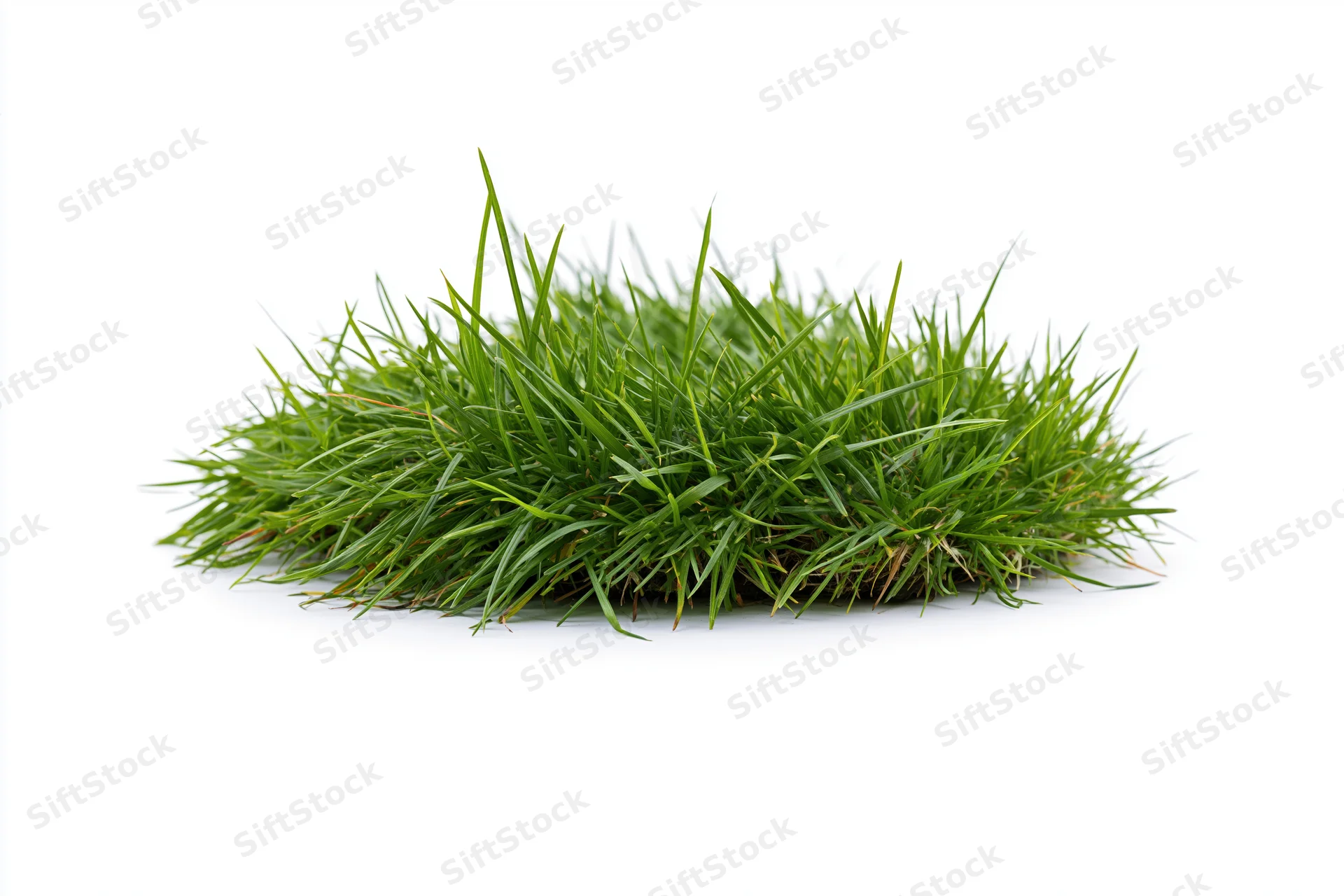 Low clump of green grass blades growing in a small patch on white background
