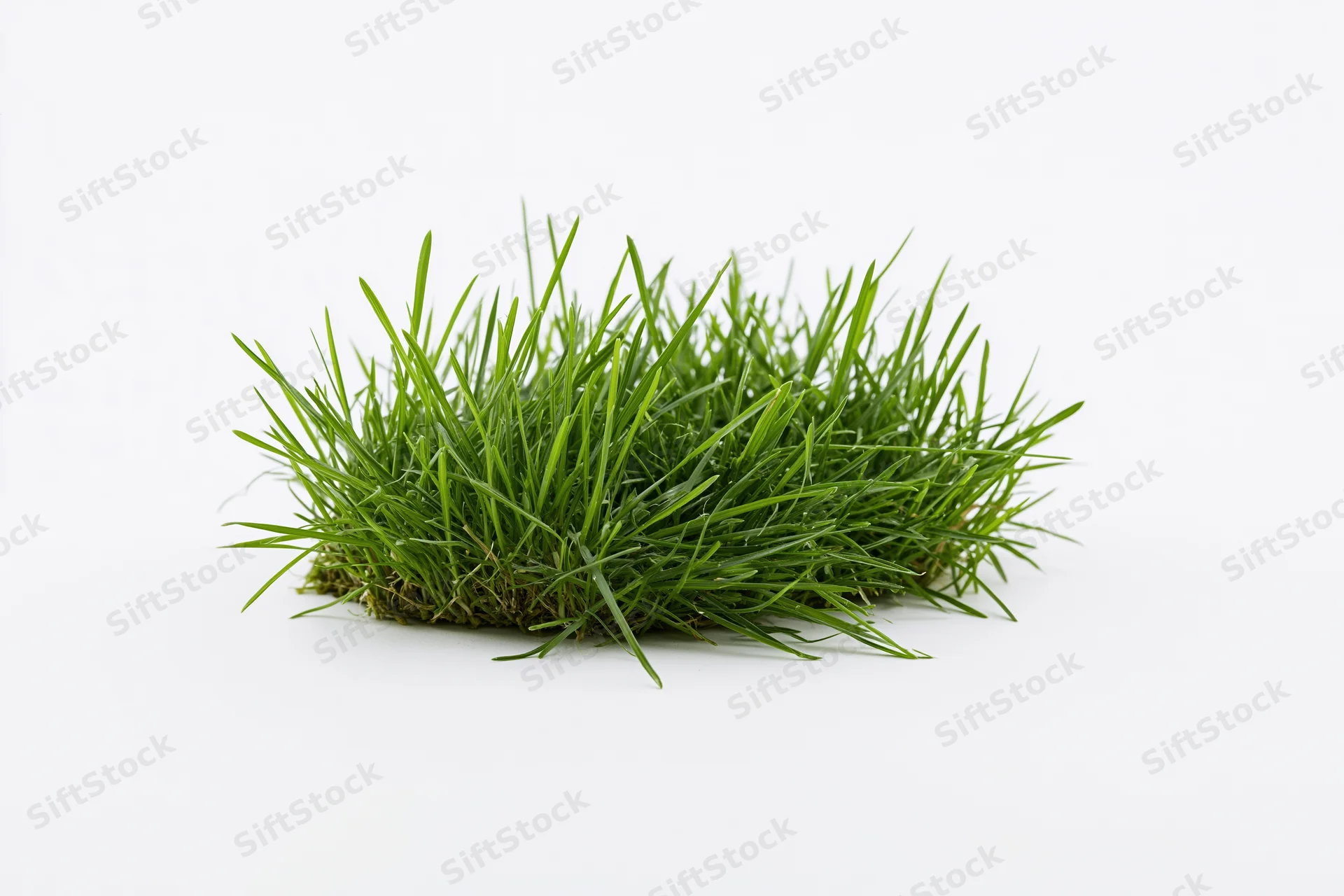 Low clump of green grass blades growing in a small patch on white background