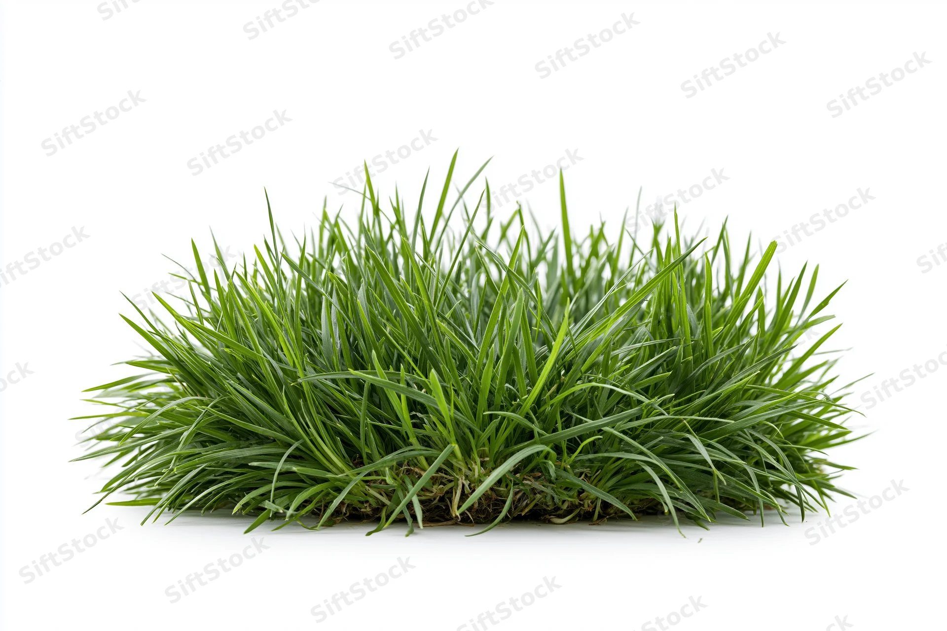 Low clump of green grass blades growing in a small patch on white background
