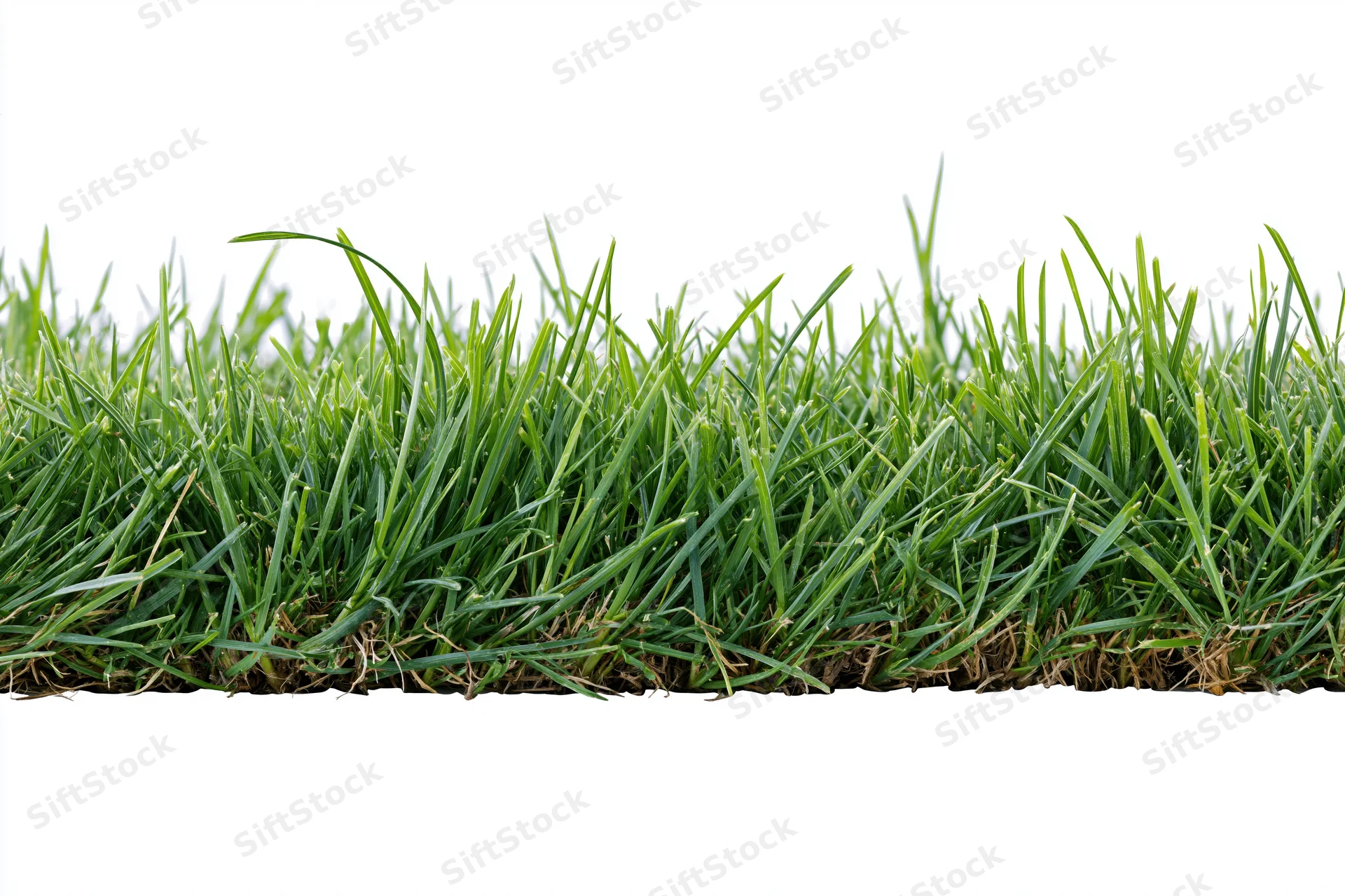 A strip of dense green grass photographed straight-on against white background
