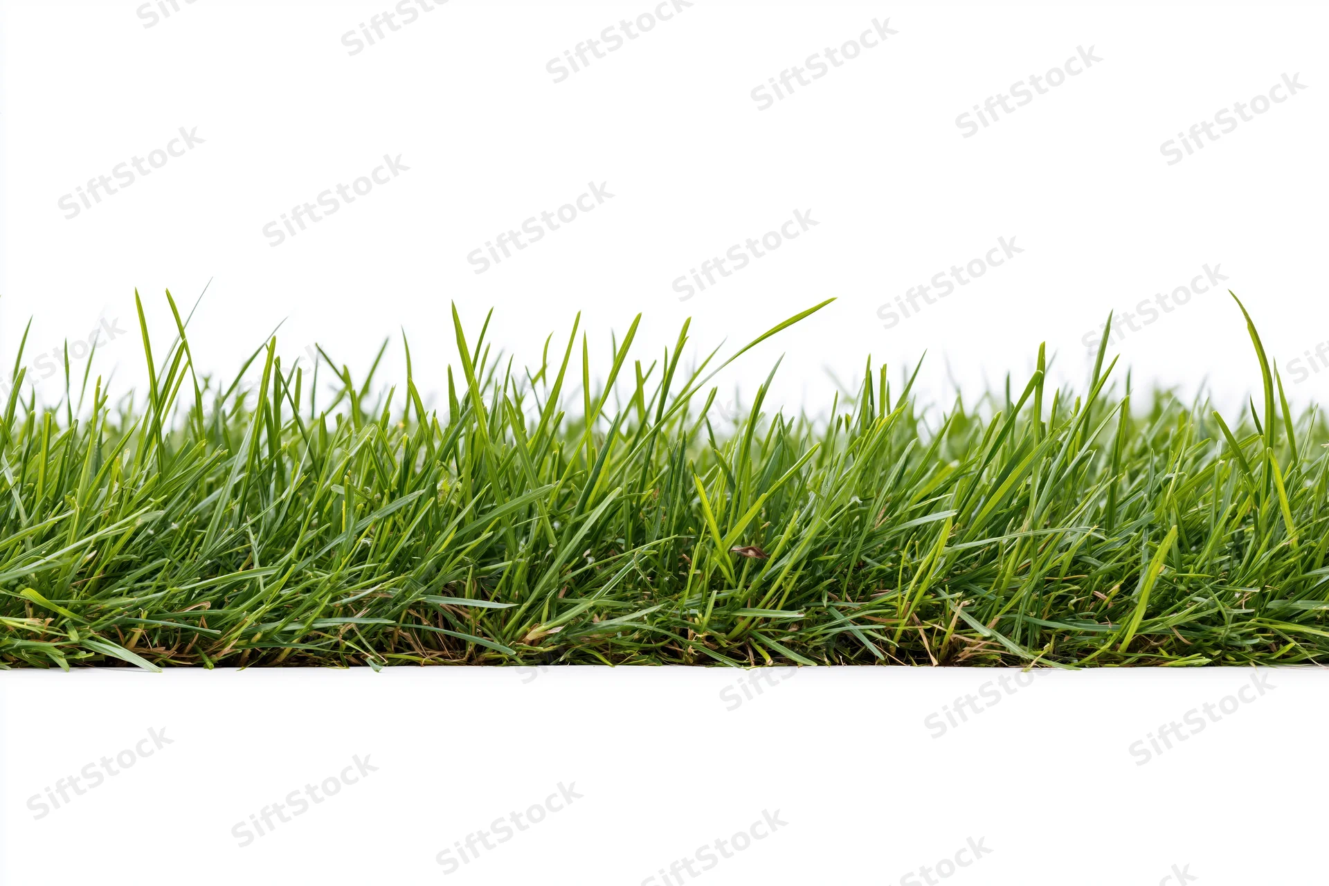 A low strip of dense green grass photographed straight-on against white background