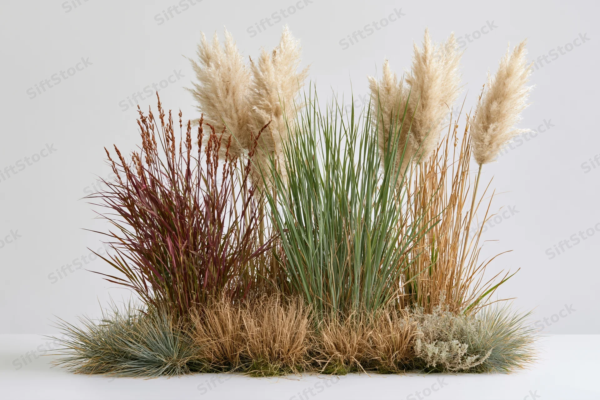 Mixed clump of ornamental grasses and wild reeds arranged on white surface