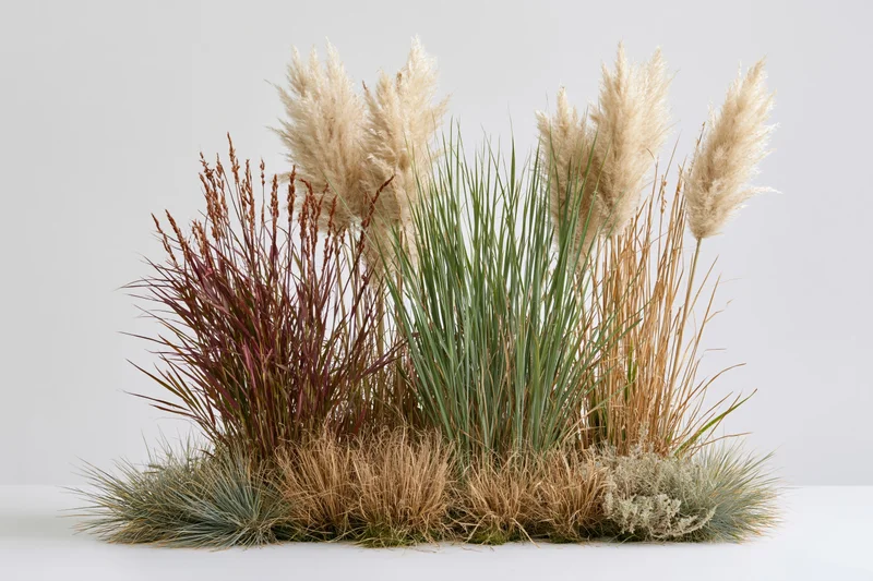 Mixed clump of ornamental grasses and wild reeds arranged on white surface