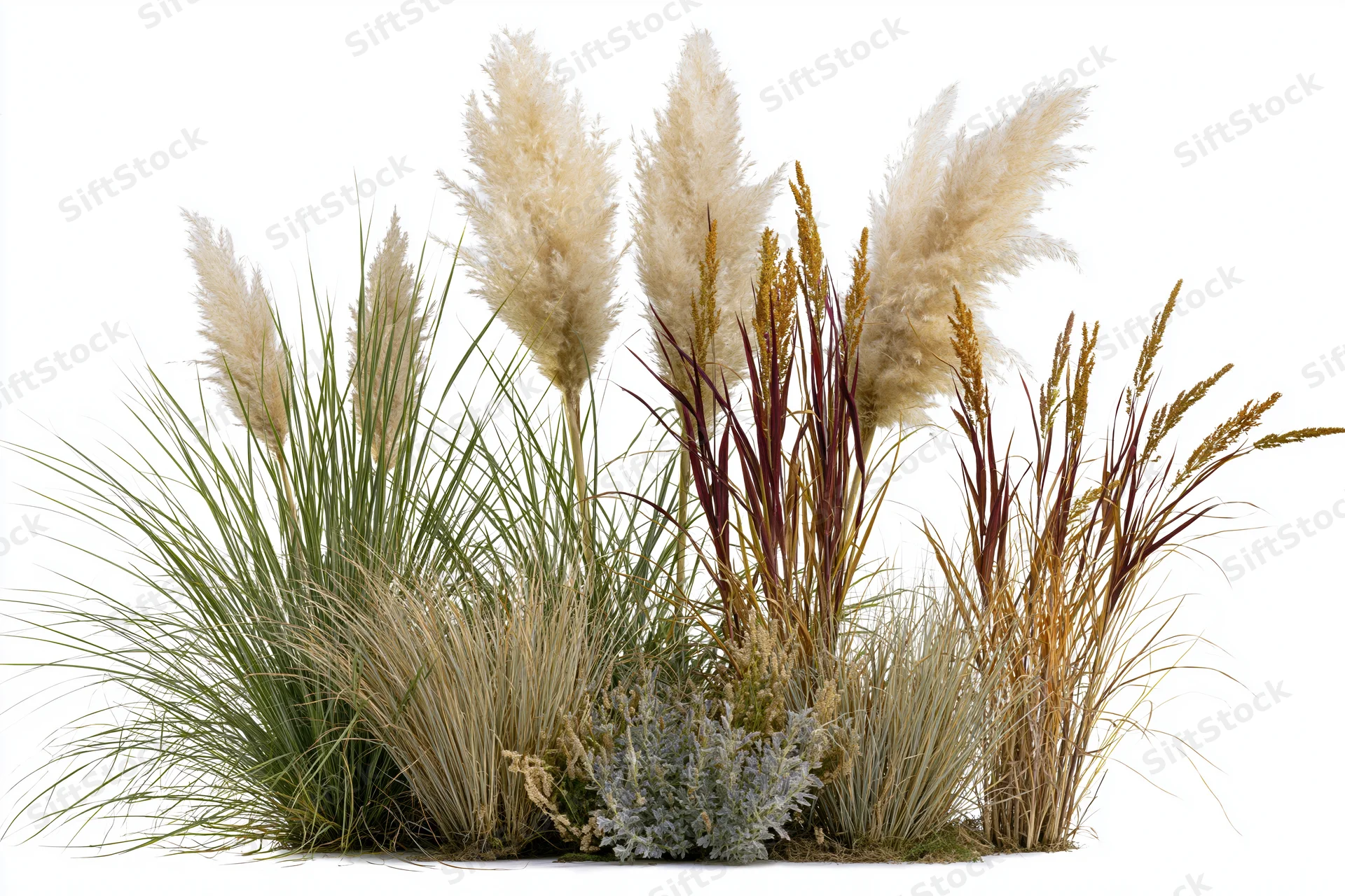 Mixed clump of ornamental grasses and wild reeds arranged in a natural garden display on white background