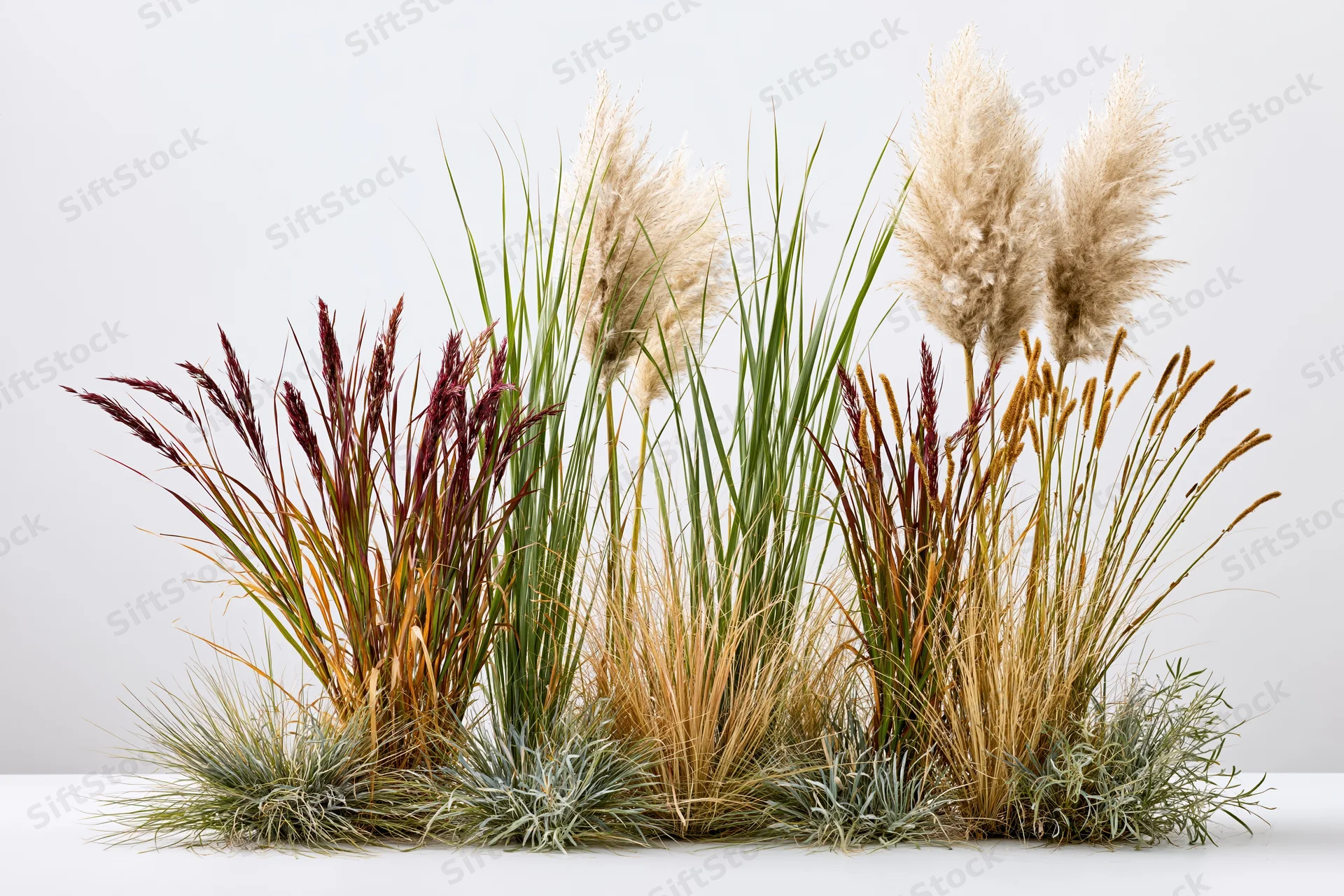 Mixed clump of ornamental grasses and wild reeds arranged on a white surface with copyspace
