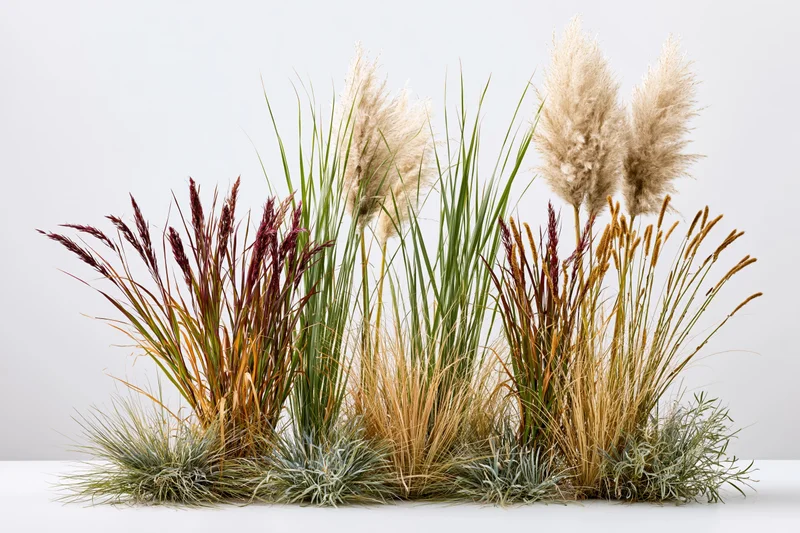 Mixed clump of ornamental grasses and wild reeds arranged on a white surface with copyspace