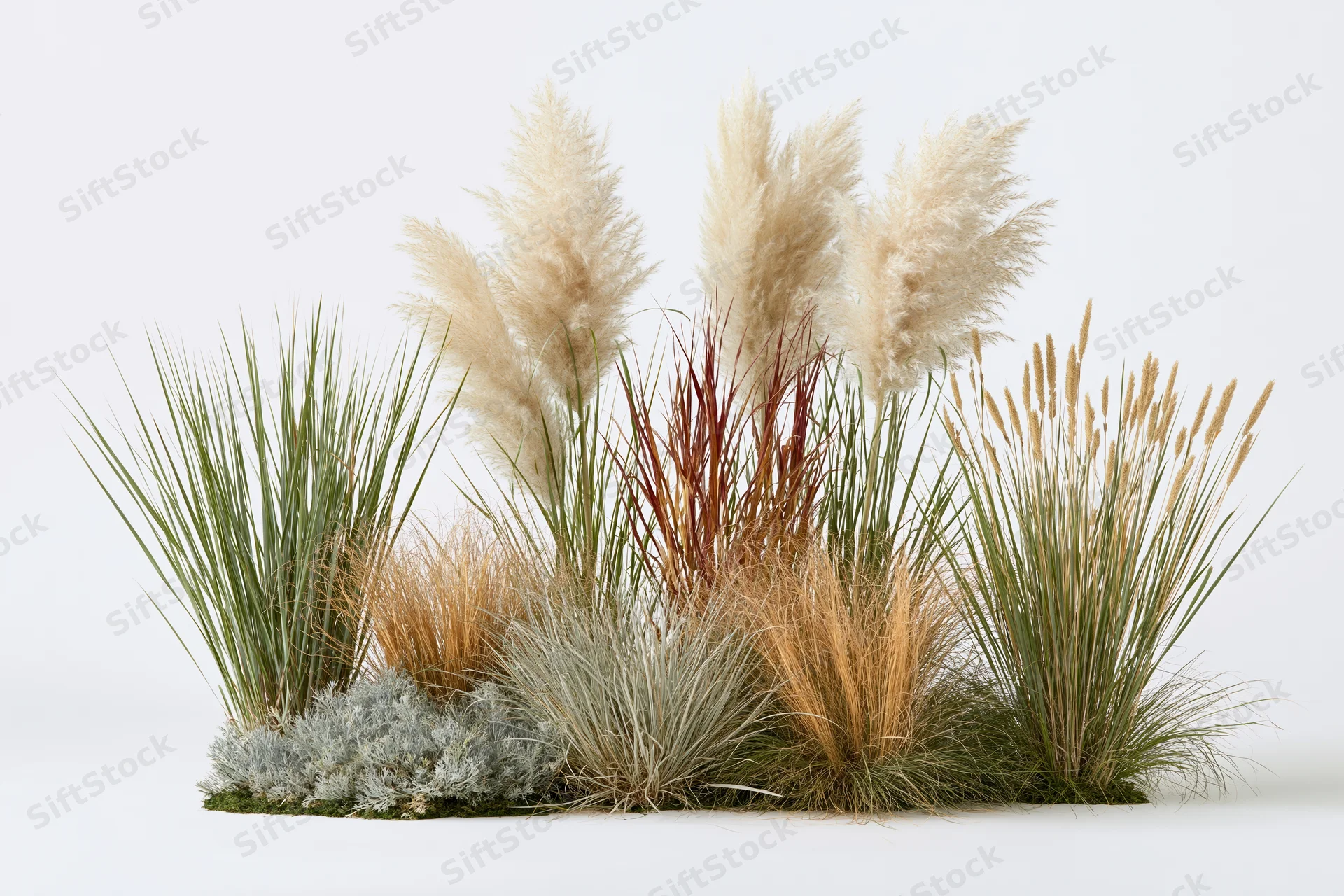 Mixed clump of ornamental grasses and wild reeds arranged in a natural cluster on white background