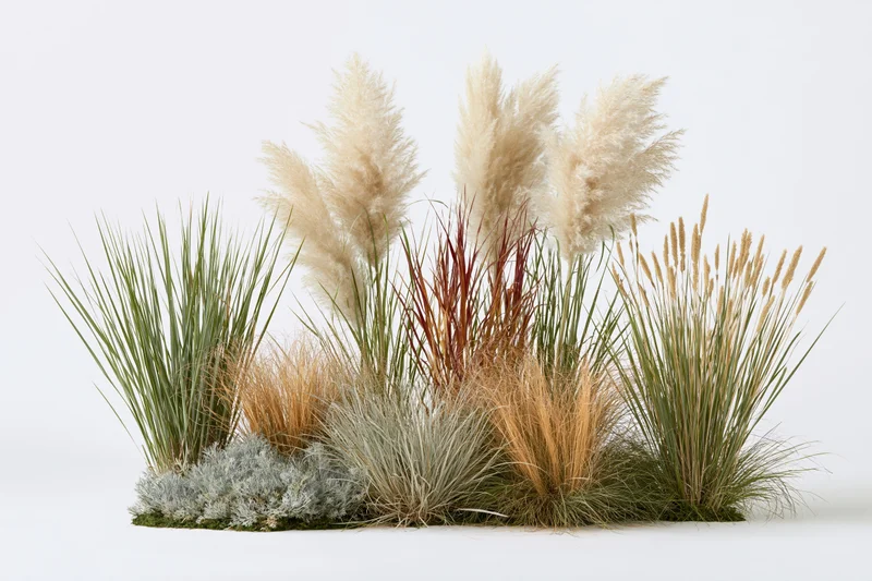 Mixed clump of ornamental grasses and wild reeds arranged in a natural cluster on white background