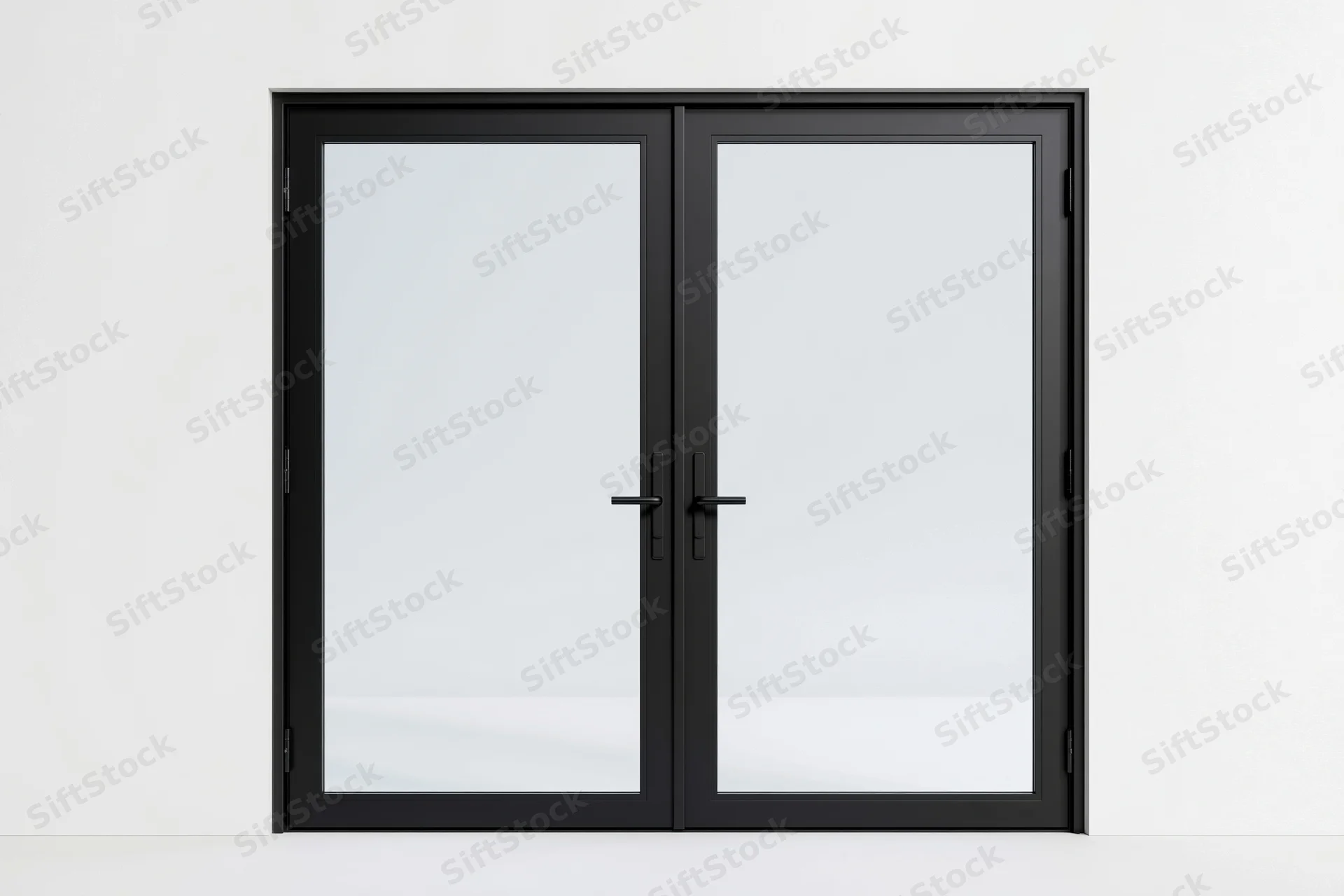 Black steel-framed french doors with full-length glass panels set in a white wall interior