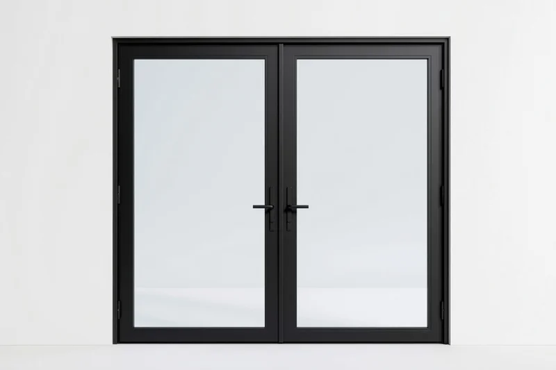 Black steel-framed french doors with full-length glass panels set in a white wall interior