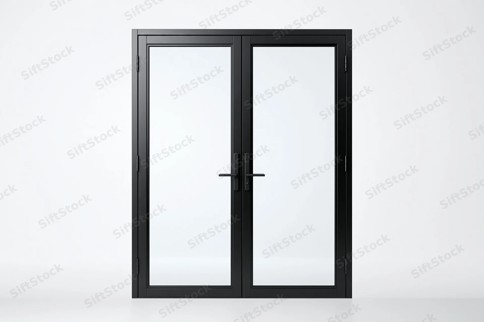 Black steel-framed french doors with full-length glass panels standing in a white space
