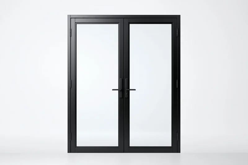 Black steel-framed french doors with full-length glass panels standing in a white space