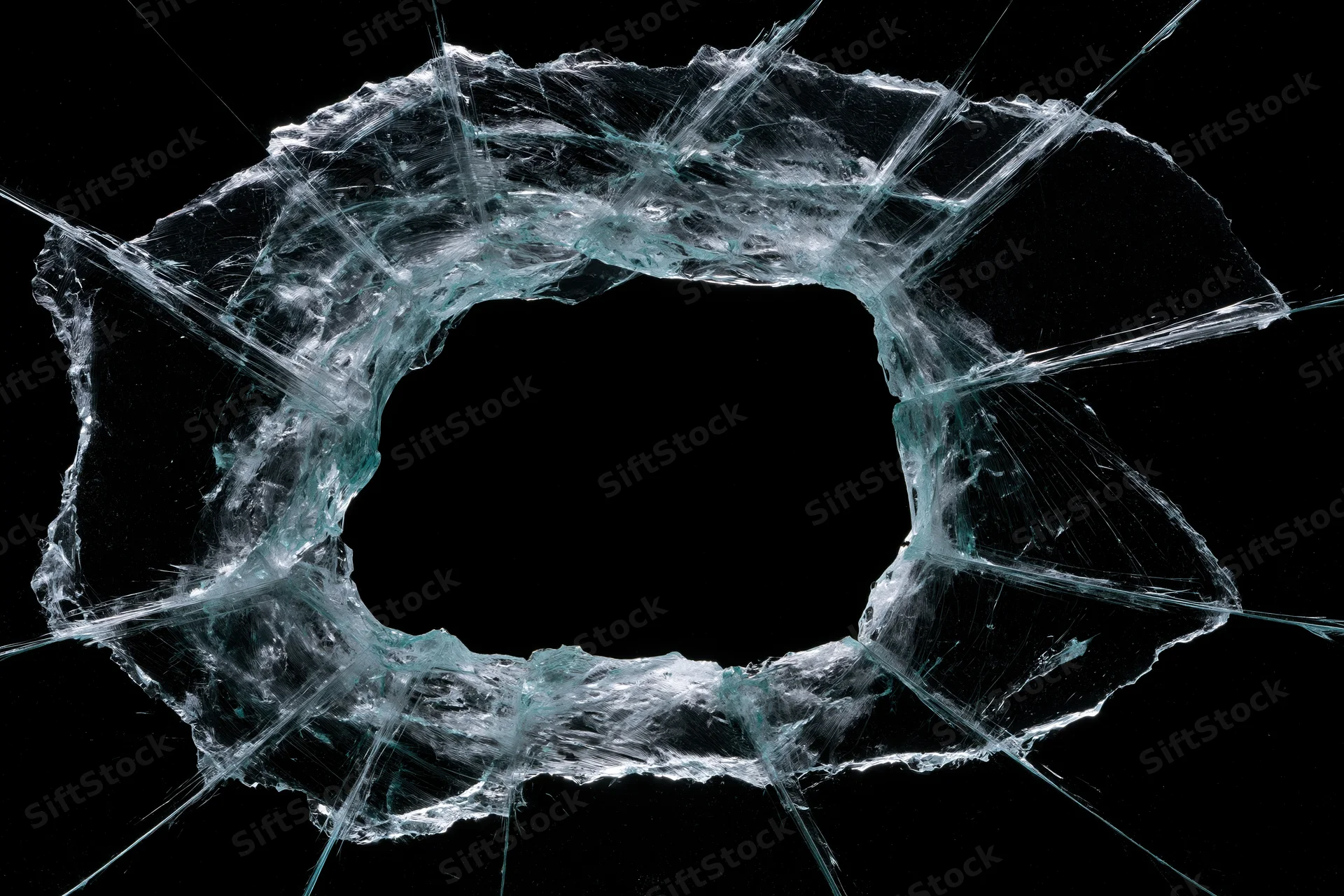 Shattered glass pane with large rectangular hole and radiating cracks against black background