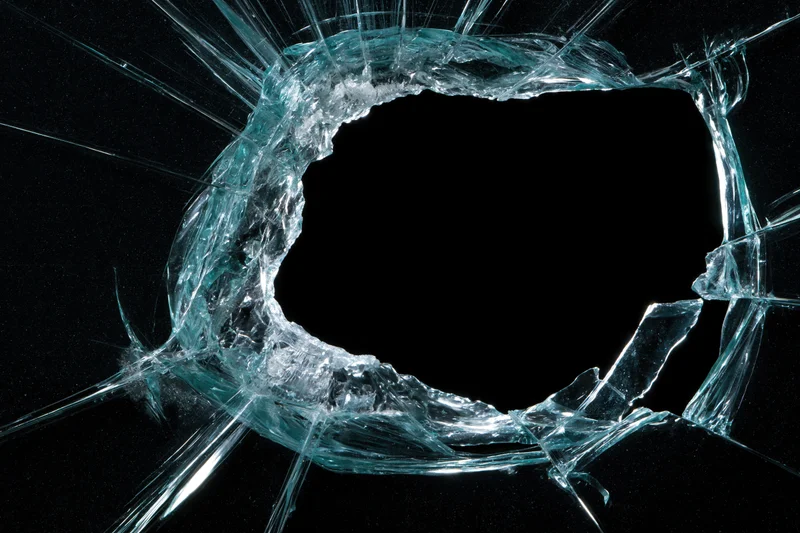 Shattered glass pane with large rectangular hole and radiating cracks against black background