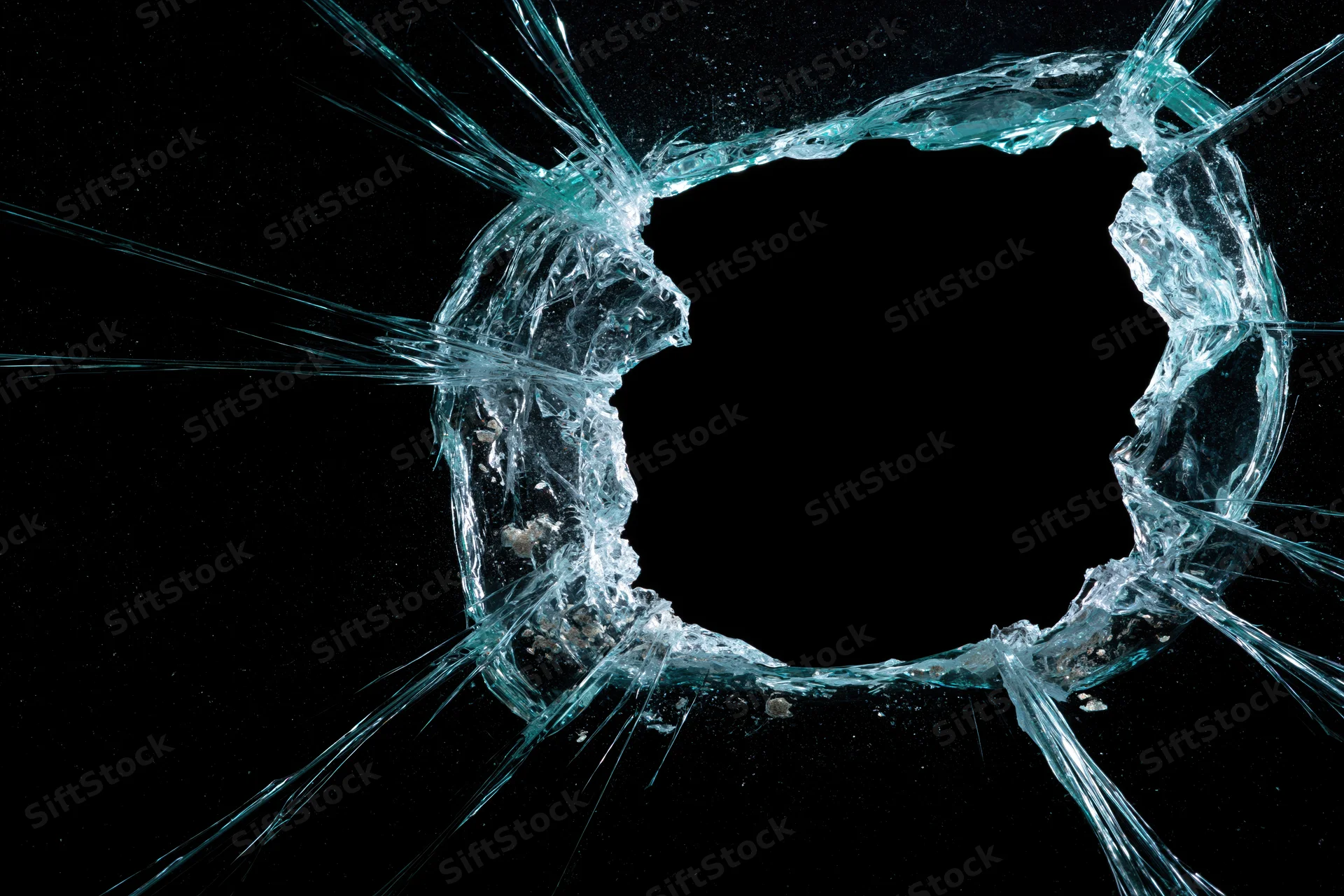 Shattered glass pane with large rectangular hole and radiating cracks against black background