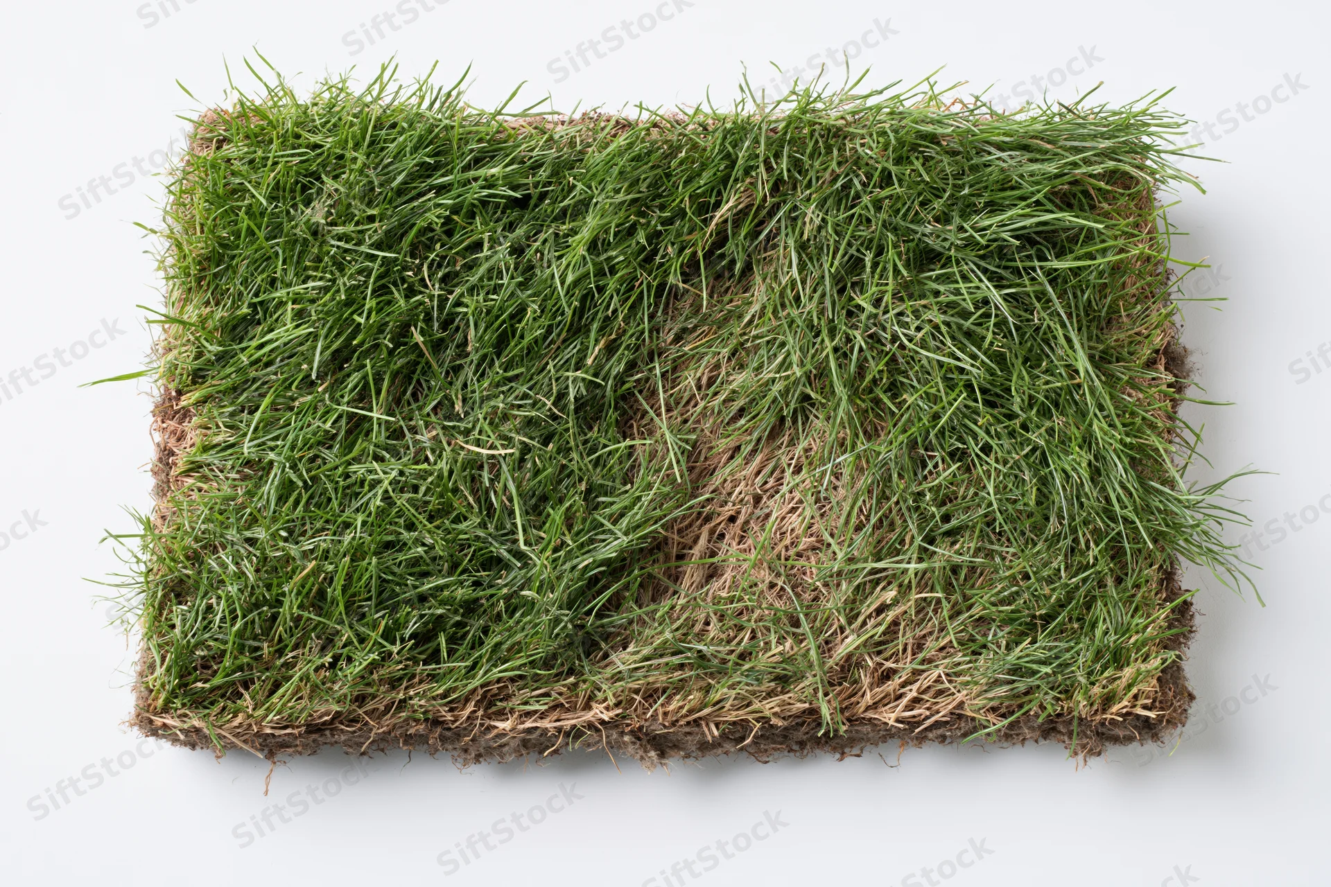 Rectangular cut natural grass turf with visible roots and soil isolated on white background