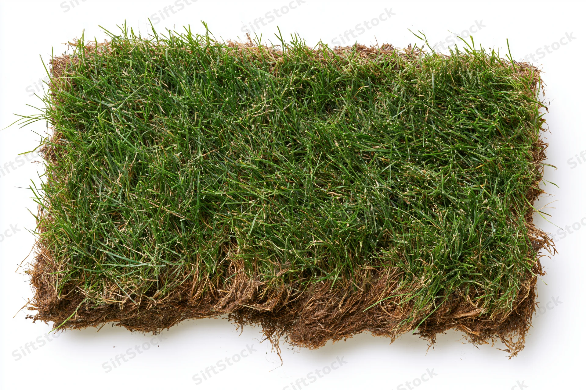 Rectangular patch of cut natural grass turf with visible roots and soil isolated on white background