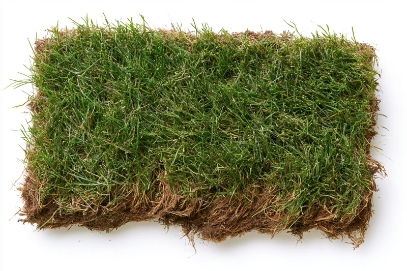 Rectangular patch of cut natural grass turf with visible roots and soil isolated on white background