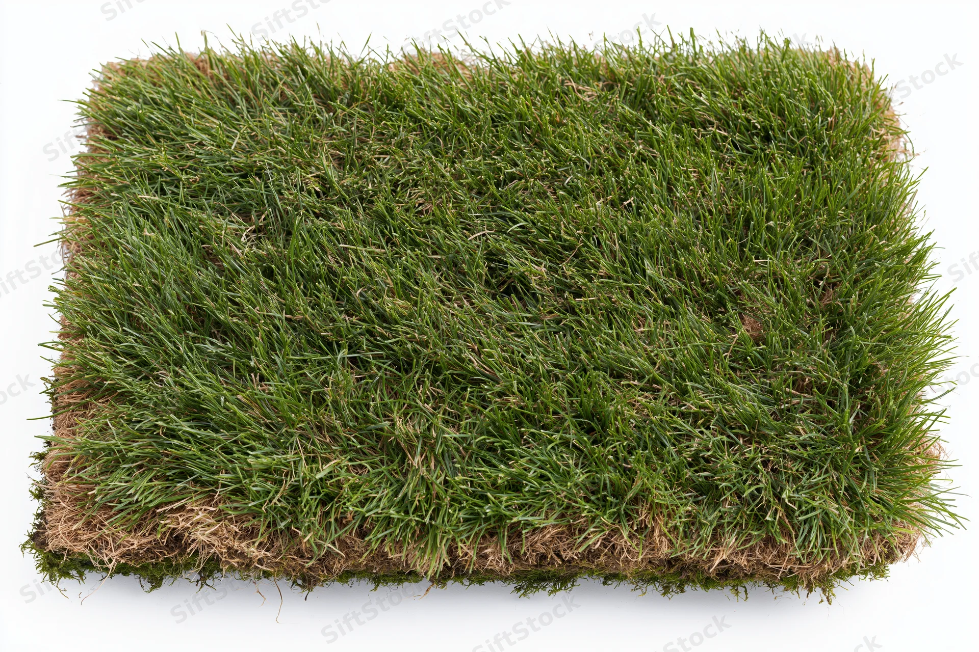 Rectangular patch of cut natural grass turf isolated on white background