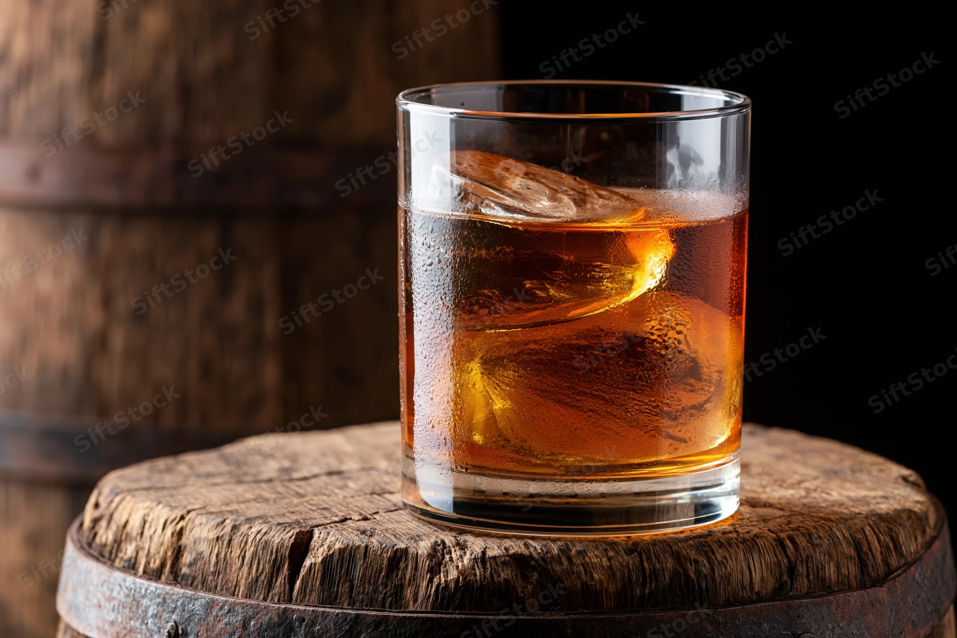 Amber whiskey with ice in a rocks glass on a wooden barrel top