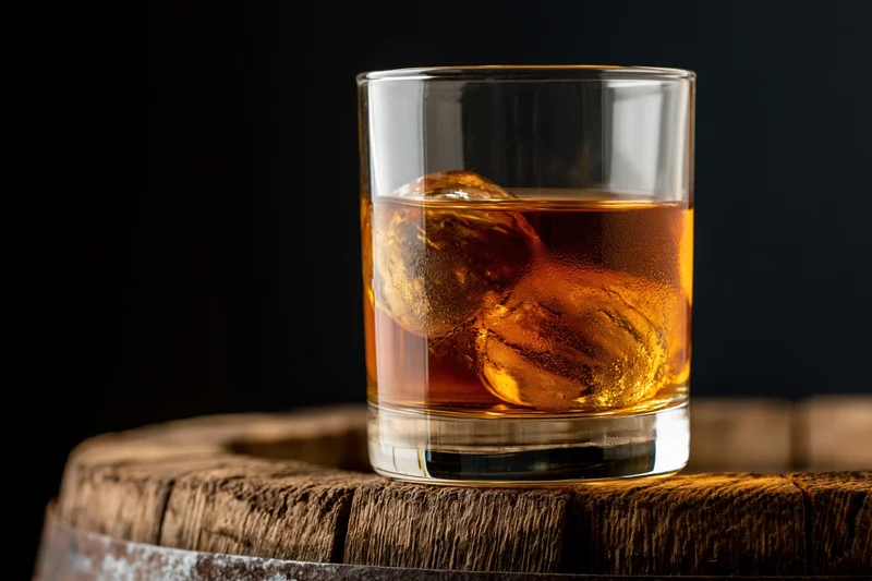 Amber whiskey with two large ice cubes in a rocks glass on a wooden barrel top