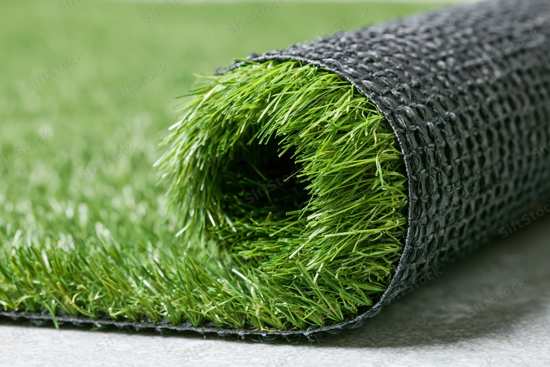 Roll of artificial grass turf partially unrolled on a flat surface