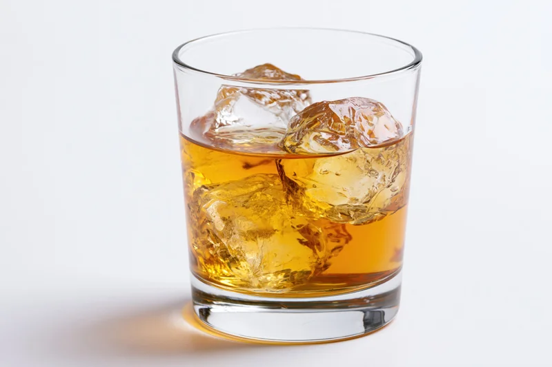 Short rocks glass filled with amber whiskey and ice cubes on white background