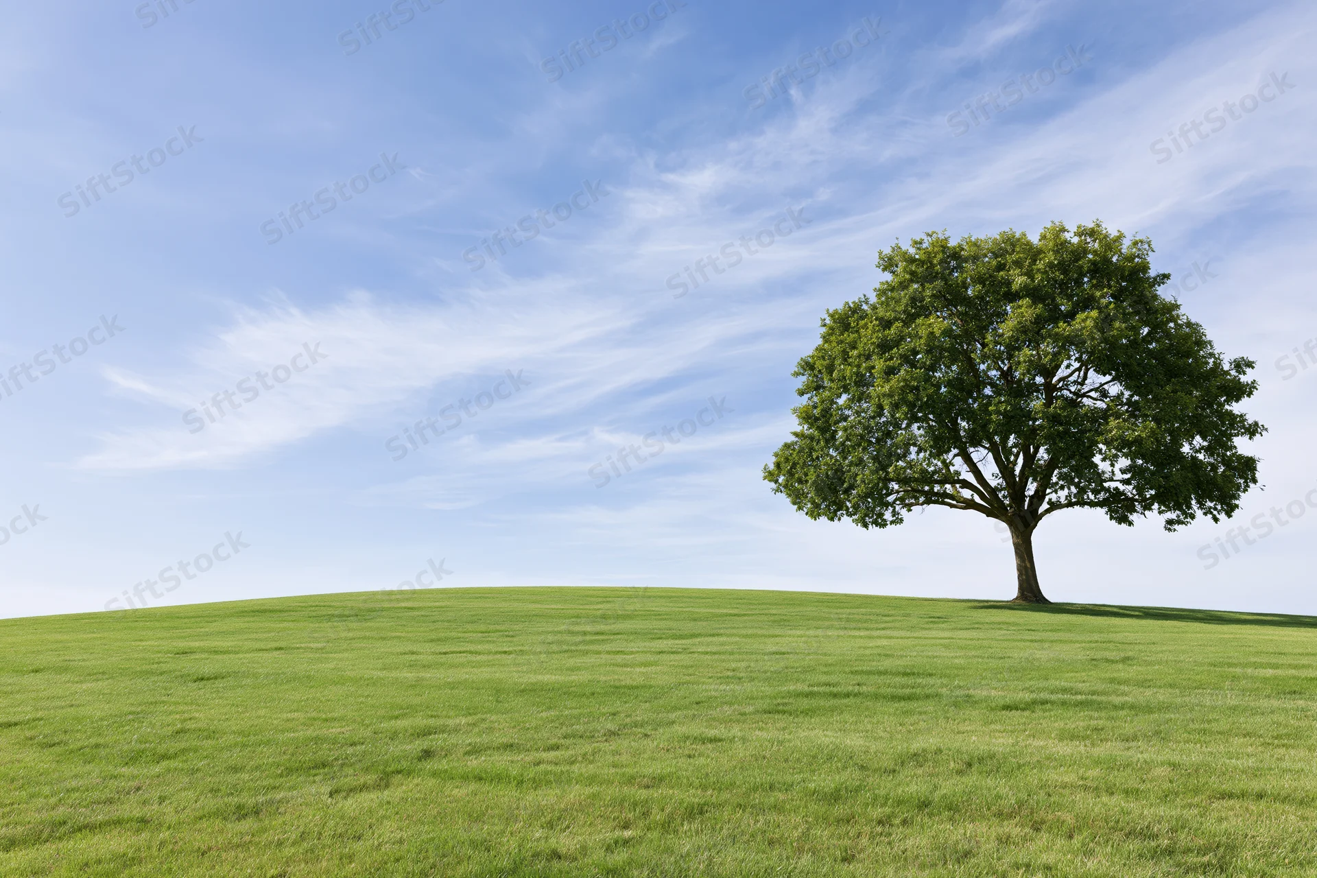 Solitary oak tree standing on a grassy hill under a blue sky with wispy clouds