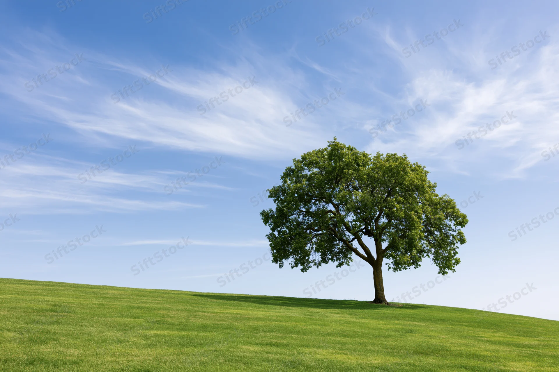 Solitary oak tree standing on a grassy hill under a blue sky with wispy clouds