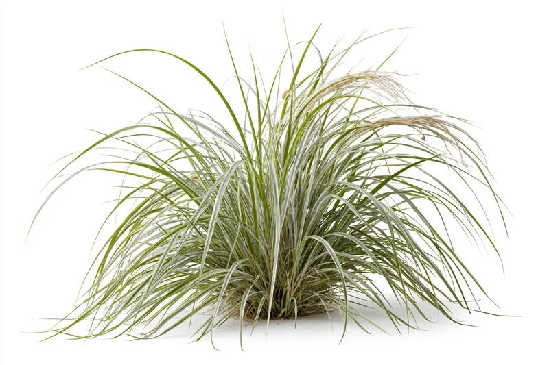 Ornamental grass clump with green and silver leaves arranged in a tuft on a white background