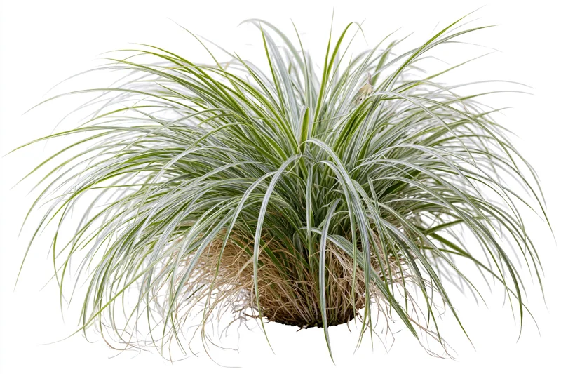 A clump of variegated ornamental grass with green and white blades growing from a root base, isolated on white